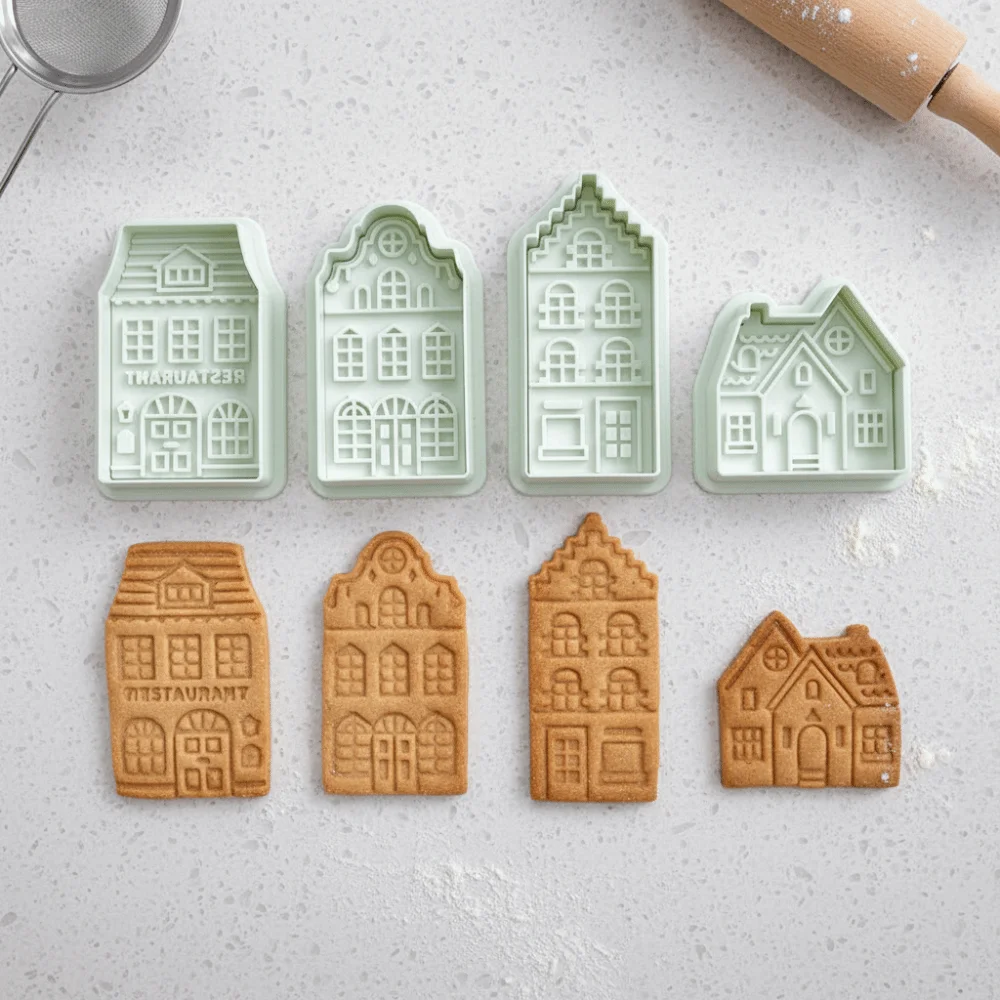 4 Piece 3D Embossed Christmas Gingerbread House Cookie Cutter Easy De-molding Spring Press Design Cookie Mold Green Plastic