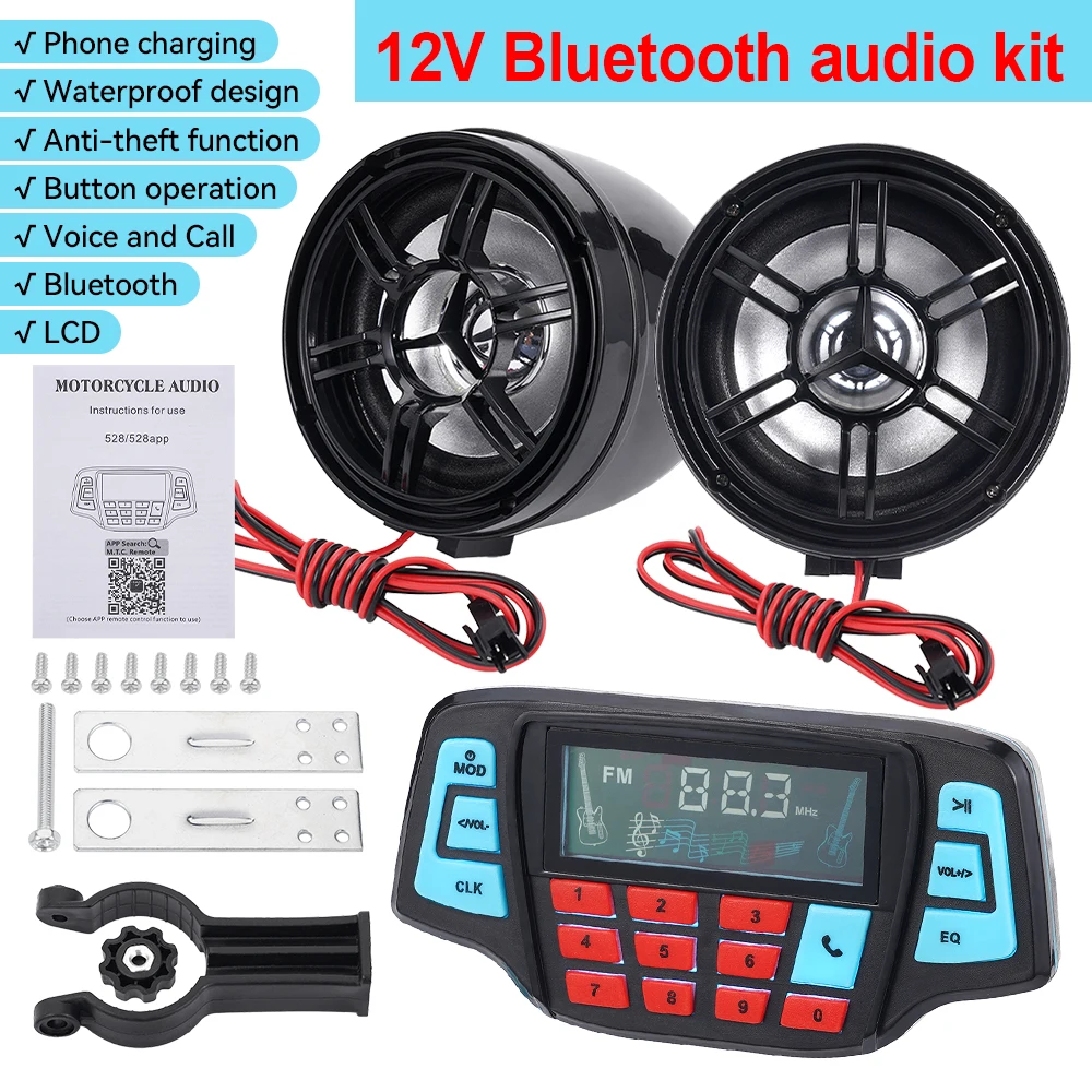 

12V Motorcycle Bluetooth Audio System Universal Dual Speaker Audio System Waterproof Anti-theft Motorbike Stereo Speaker Kit MP3