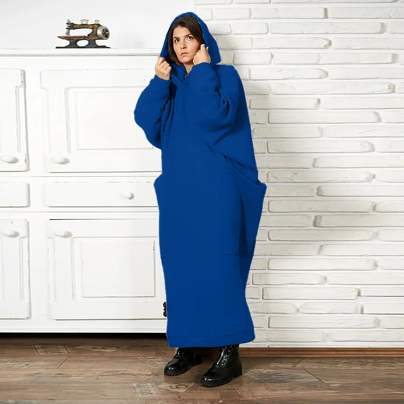 Large Pocket Plus Size Hoodies Long Dress 2023 Autumn Winter Solid Color Fleece Loose Casual Hooded Sweatshirt