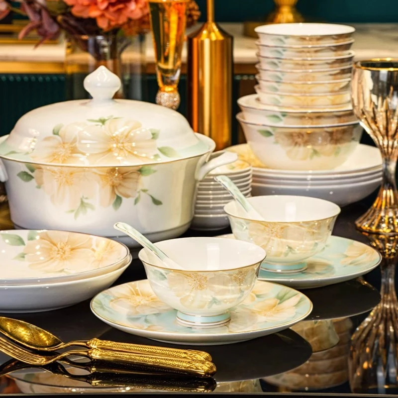 

2025 New Jingdezhen Bone China Tableware Set For Home Use High-end Chinese-style Bowl Plate Set Wedding Gift Box Light Luxury
