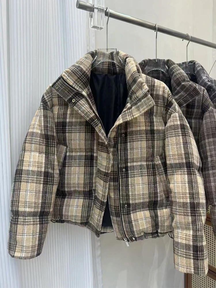 Korean version plaid stand up collar down jacket women loose and thick lazy retro style fashion white duck down jacket