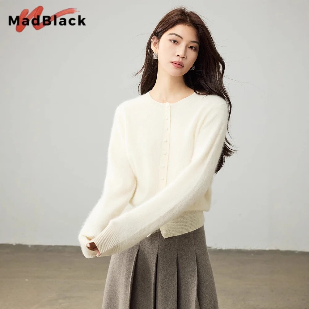 

Madblack,96% Sheep Wool 4% Cashmere Knitted Cardigan,Woman Plush Soft Tops,Single Breasted,2025 Autumn Winter Coat T5N921JF