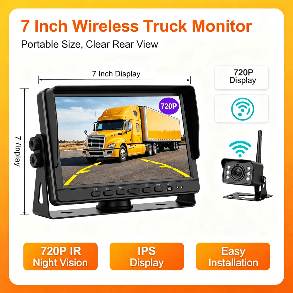 9 Inch Wireless Truck Monitor 720P IR Night Vision Camera IPS Display for Truck Trailer RV Reversing Safety