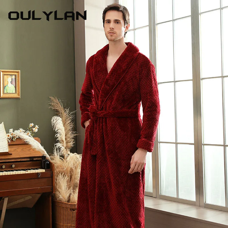 Soft Kimono Dressing Gown Solid Comfortable Sleepwear  Long Robe Flanne Pajamas Thick Large Bathrobe Extended White Pajamas