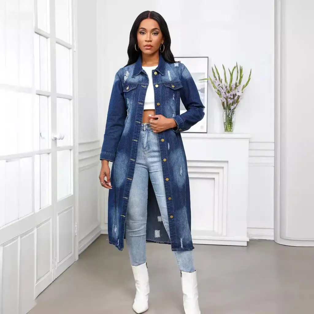 Trench coat jeans feminino com buraco longo design fornecimento de tiro real moda agasalhos