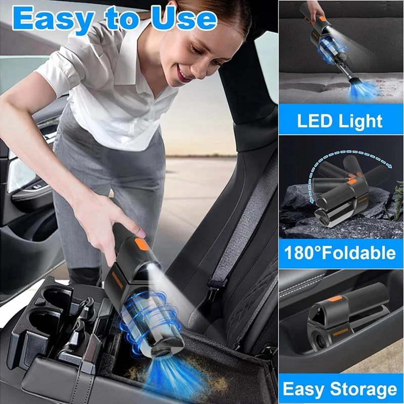 Car Vacuum Cleaner High Power 20000PA 3-Speed Adjustable Brushless Motor Mini Car Vacuum Portable Cordless 180°Foldable