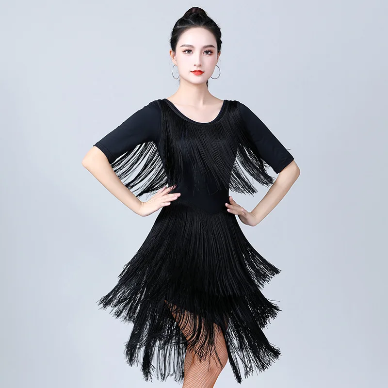 1pcs/lot woman solid latin dancing dress lady cha cha tango tassel dancing dress