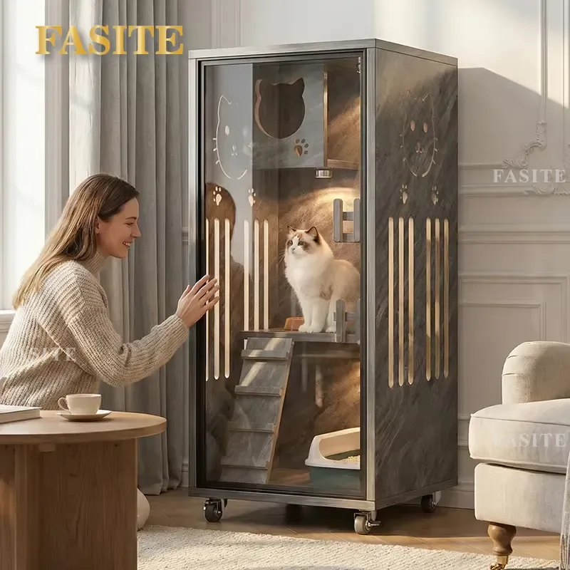 For Cat Villa Solid Wood Modern Luxury Tempered Glass Breathable Animal Pattern Indoor Pet Living Furniture Multifunctional