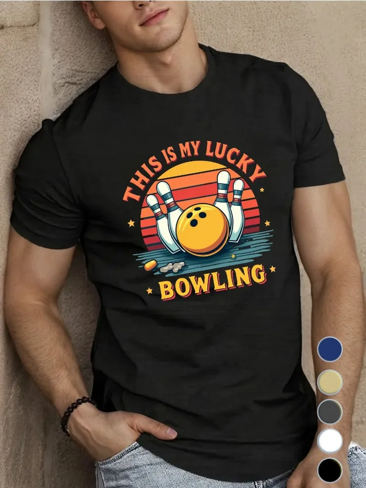 Royal Blue Mens Crew Neck Cotton T Shirt This Is My Lucky Bowling Retro Sunset Ball Pins Graphic Sport Short Sleeve Casual Tees