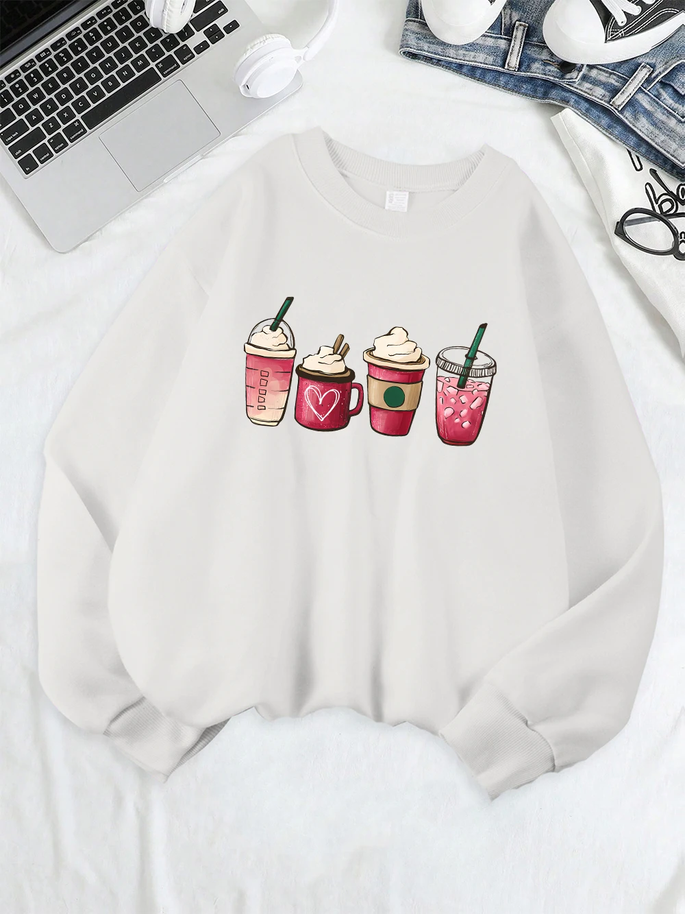 Stampa di bevande al gelato Felpe Girocollo da donna Nozioni di base Felpe con cappuccio in pile Abiti larghi caldi Inverno Comodo streetwear da donna