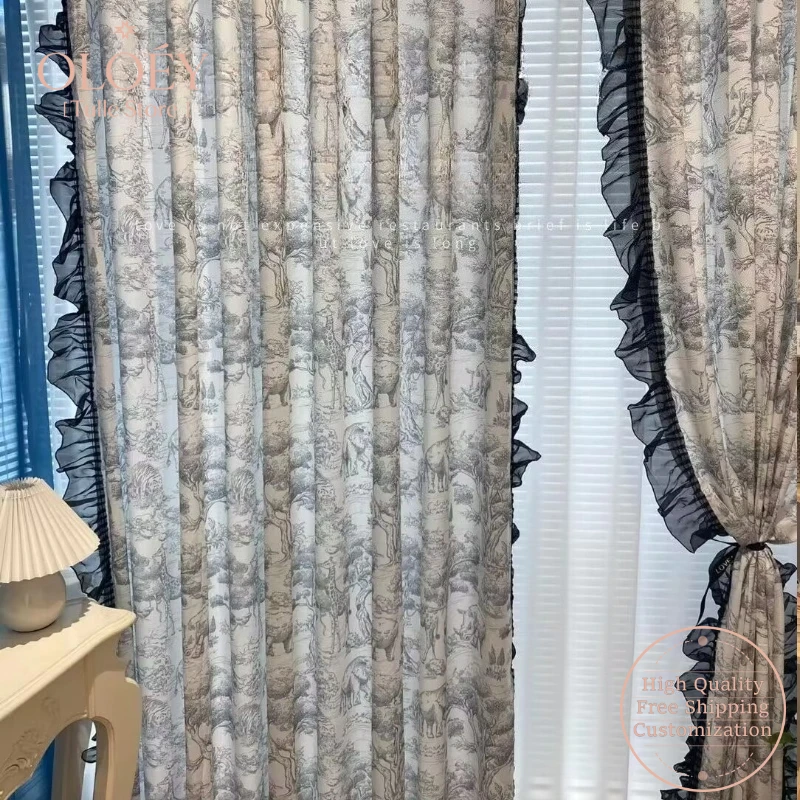 

French Retro Vintage Hand Painted Jungle Print Curtains for Living Room Bedroom Luxury Ruffled Net Drapes Popular Sketch Design