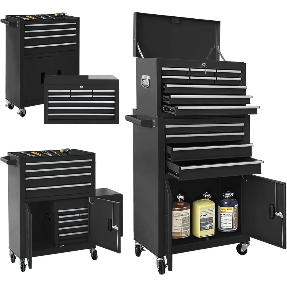 

Многофункциональный передвижной ящик для инструментов, съемное хранилище для инструментов, надежный металлический шкаф, идеально подходит для мастерских и гаражей (черный)