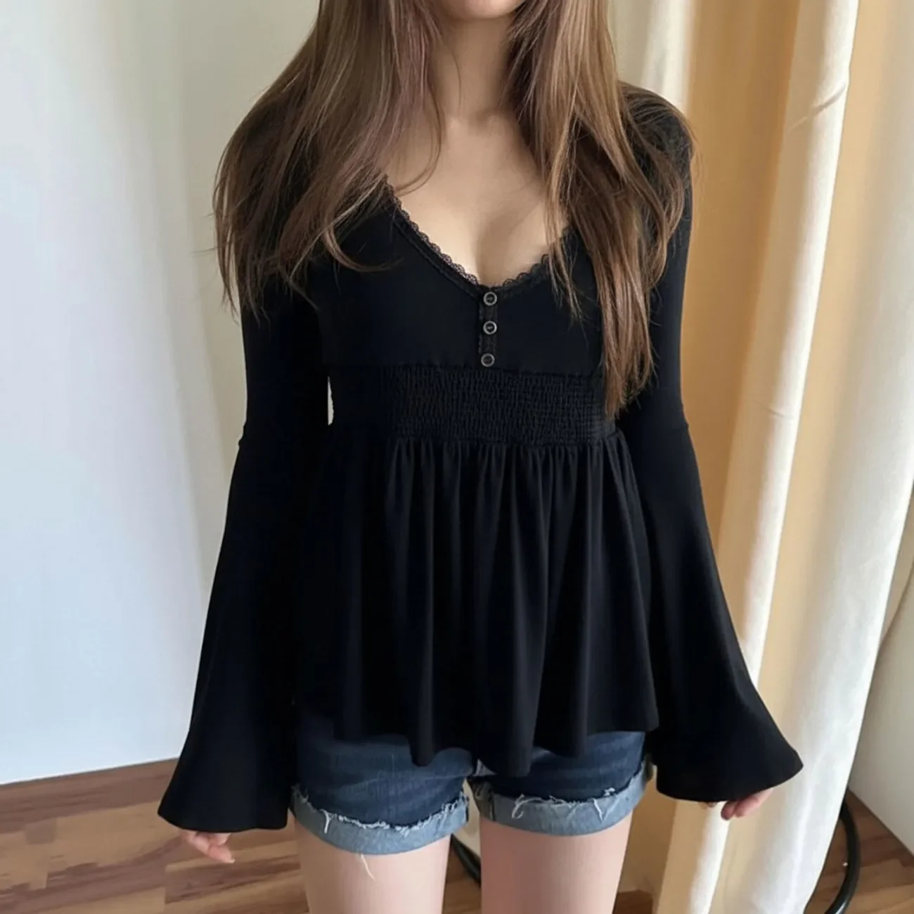 Japanische Y2K Mode Oberteil Langarm Spitzenbesatz Quadratischer Ausschnitt Bluse Damen Lässig Amerikanisch Retro 2000er Chic T-Shirt Sommer Streetwear