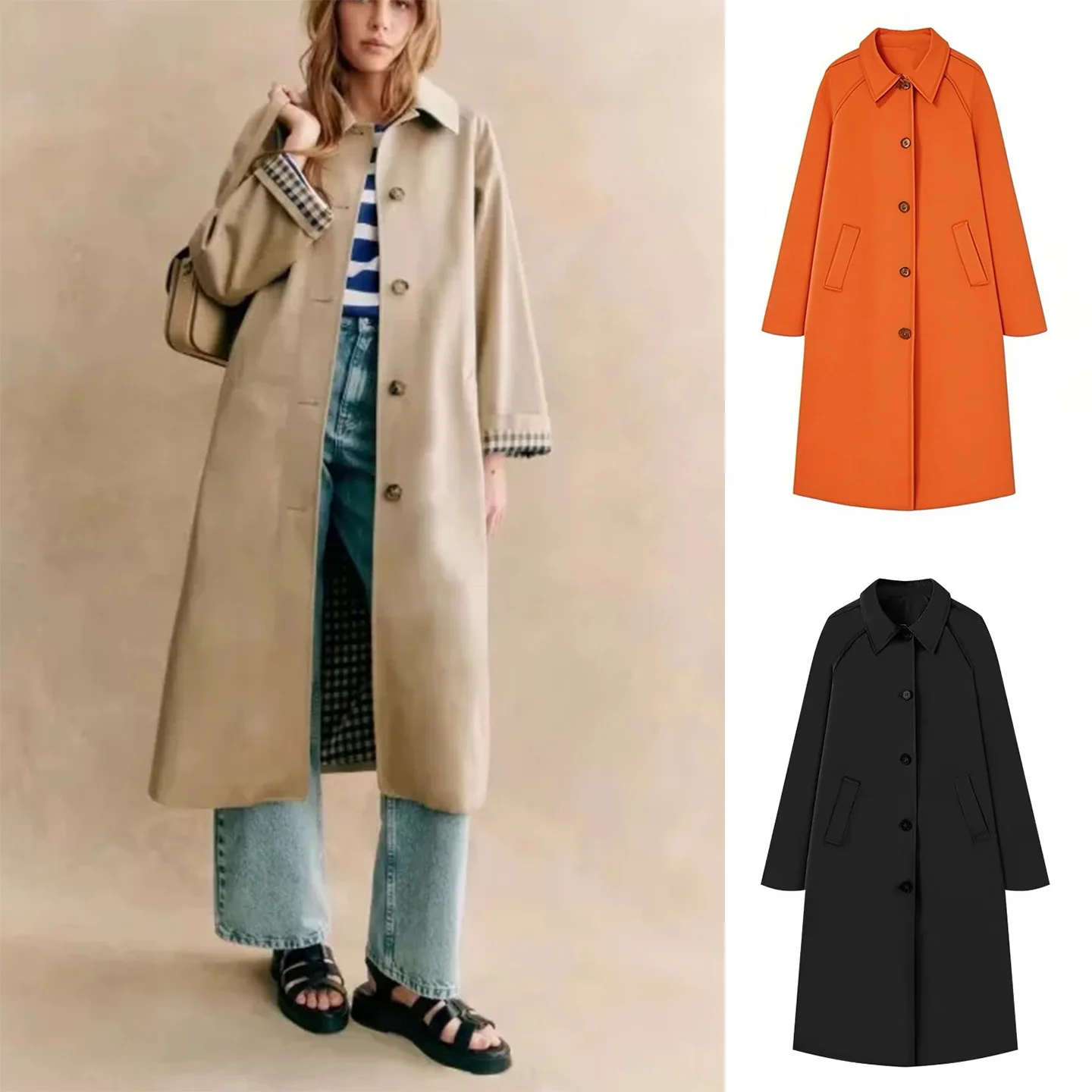 Spring Summer New Arrival Women's Minimalist Style Long Sleeve  Collar Windbreaker Jacket Mid-Length Single Row Multiple ...
