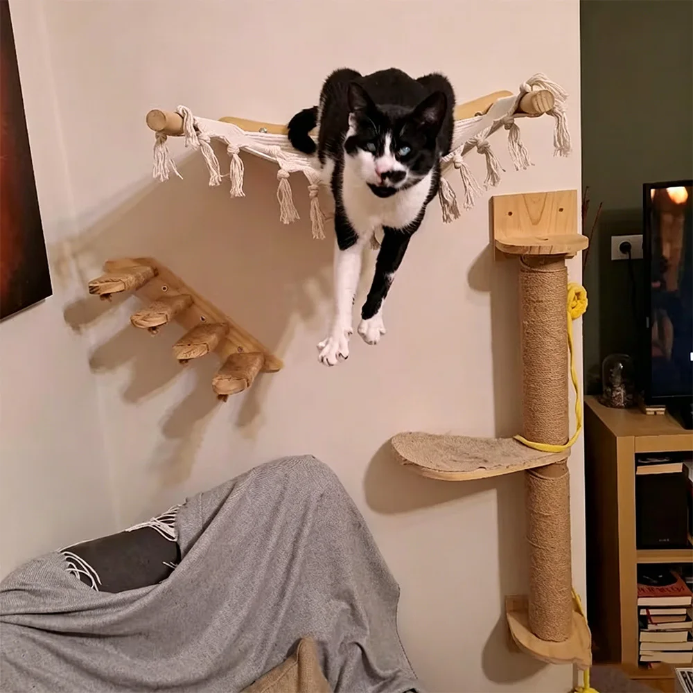 Árbol rascador de madera para gatos con hamaca y plataforma de salto - imagen 3
