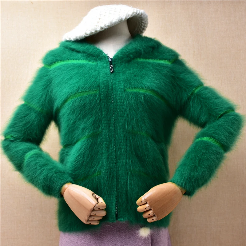 04 Ladies Women Fall Winter Clothing Green Striped Hairy Mink Cashmere Knitted Zippers Hoodie Slim Cardigans Jacket Sweater Coat