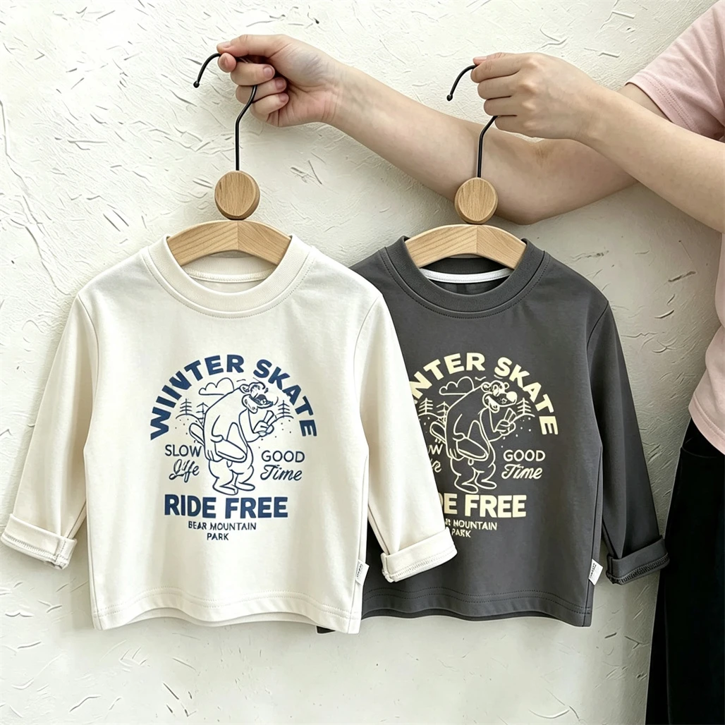 Cartoon Tees For Boys And Girls 2026 New Style Kids Long-sleeved Printing Pullovers Simple Versatile Base Shirt Cute Tshirt