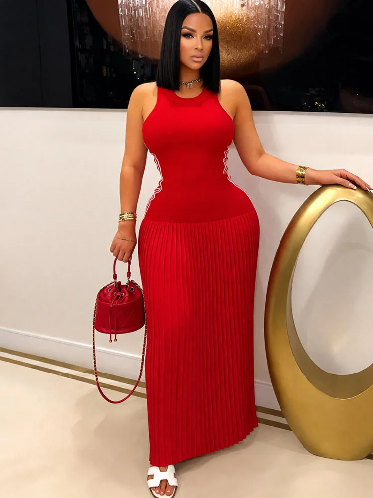 Doyerl Side Striped A-line Summer Dresses Woman Sleeveless O-neck Patchwork Pleated Club Party Long Dress Vestidos Verano Mujer