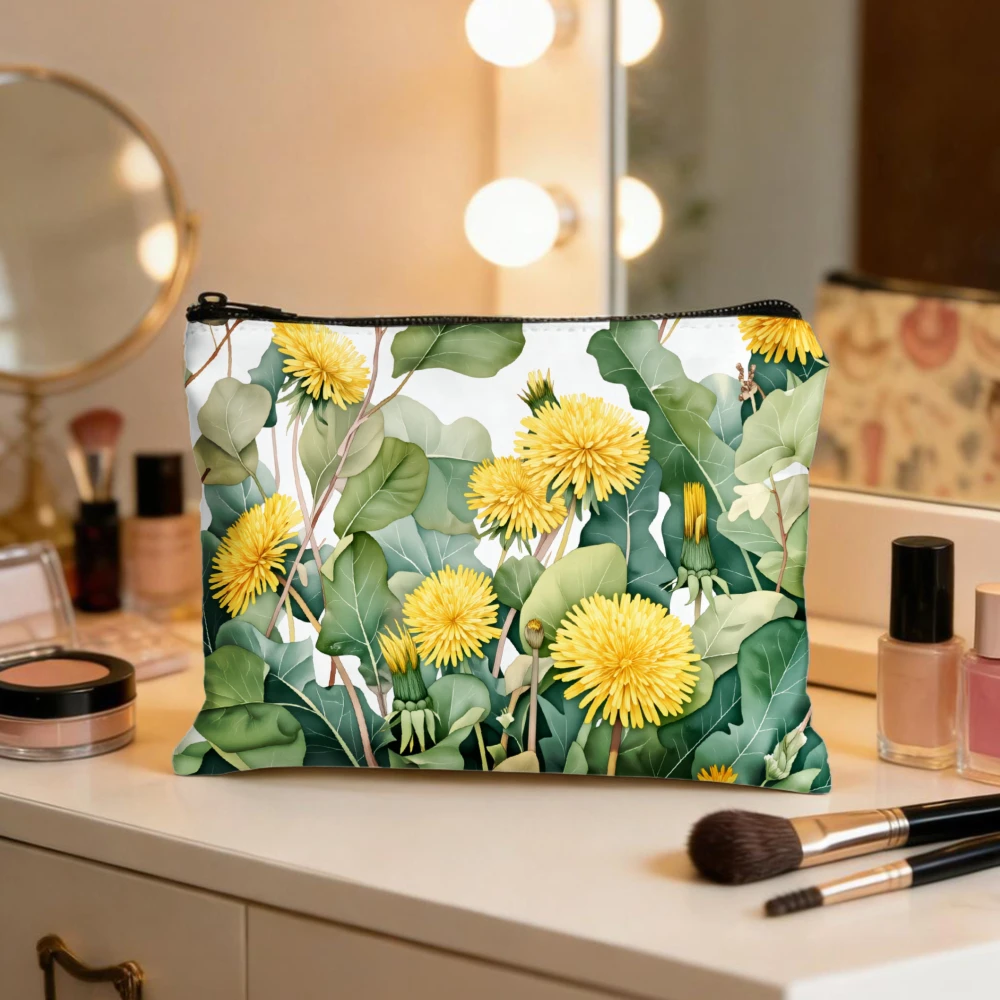Dandelion Flowers Green Leaves White Background Makeup Bags for Women's Cosmetic Pouch Toiletry Bag Pencil Case Travel Storage