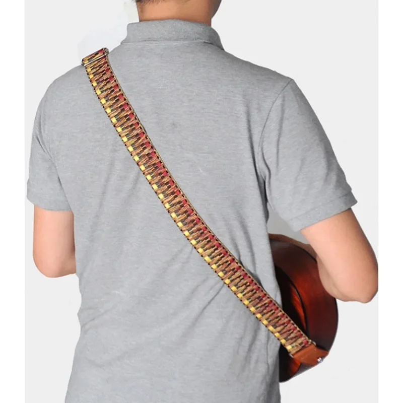 1 قطعة القيثارة تسخير حزام الغيتار الرئيسي قابل للتعديل المطرزة نسج حزام مع نهاية الجلد ل باس الغيتار الصوتية الكهربائية