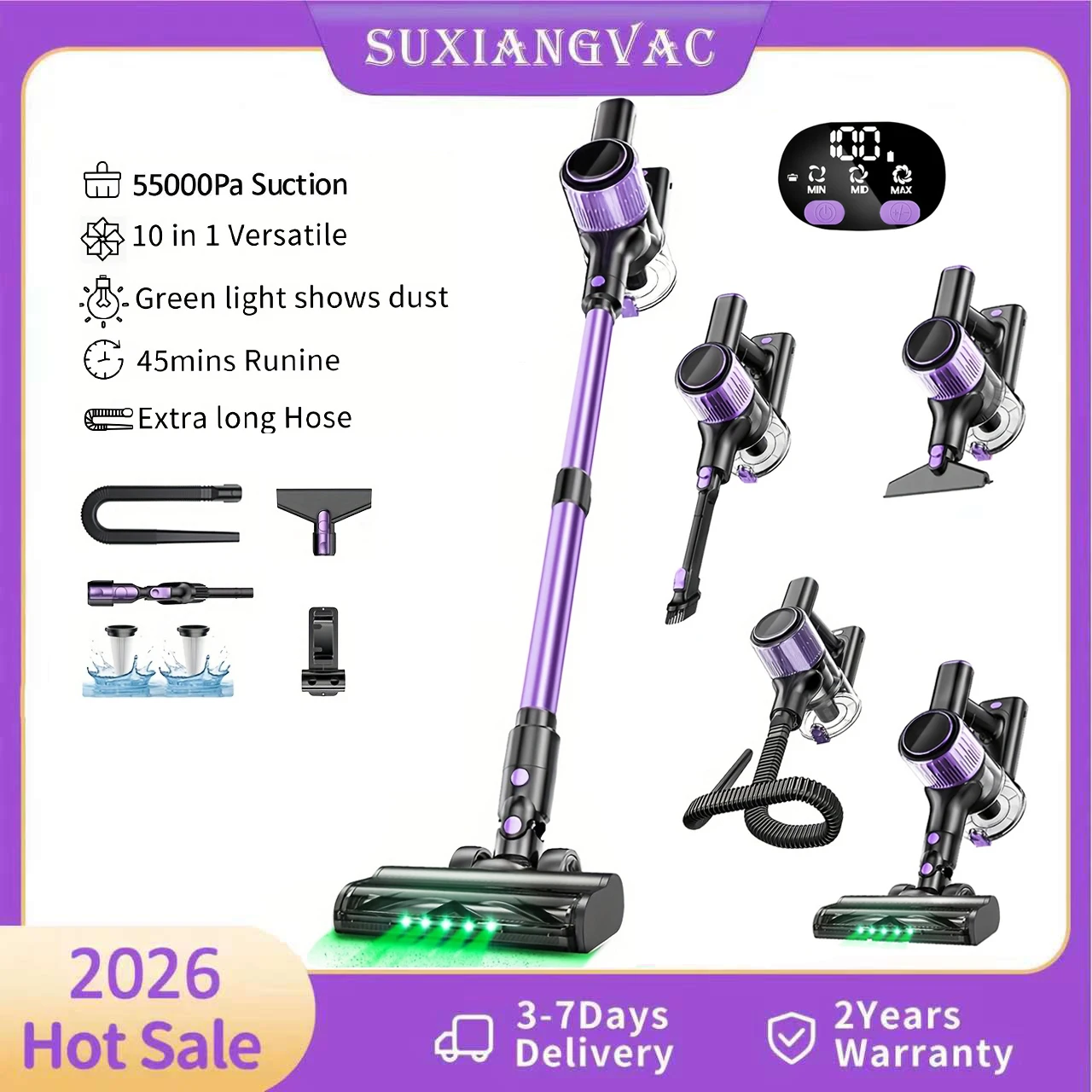 Cordless Vacuum Cleaner, 55Kpa/500W/45min 10 in 1 Powerful Stick Lightweight Vacuum Cleaner for Home Pet Hair/Hard Floor/Carpet