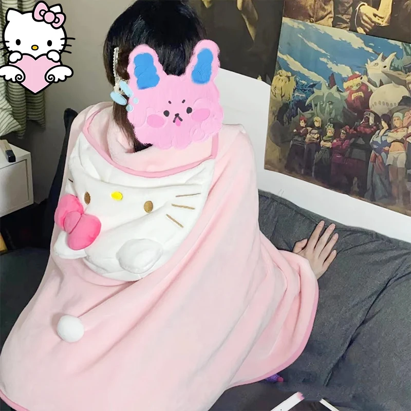 Sanrioed Hello Kitty Kawaii Plush Cape Cloak Blanket Anime Hooded Coat Shawl Quilt Hat Keep Warm Soft Girl Cute Festival Gift