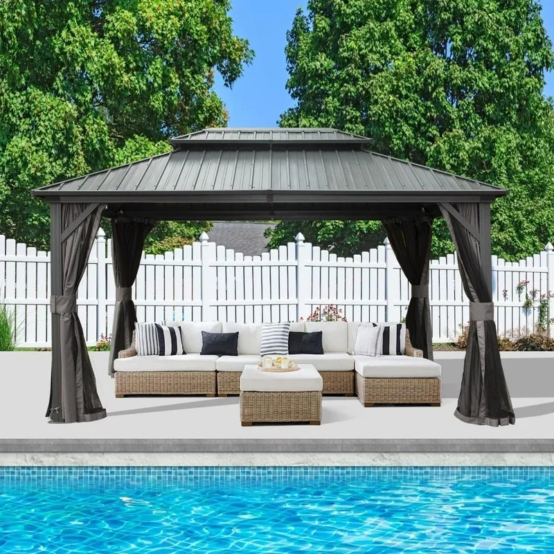 

10x14FT Hardtop Aluminum Metal Gazebo with Galvanized Steel Double Roof Canopy, Curtains, and Netting for Outdoor Use