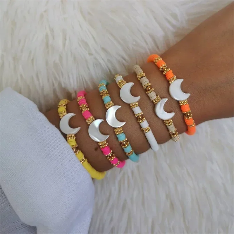 CCGOOD Moon Charm Heishi Beads Bracelet Boho Beach Jewelry Polymer Clay Stackable Spiritual Gift for Women Everyday Wear