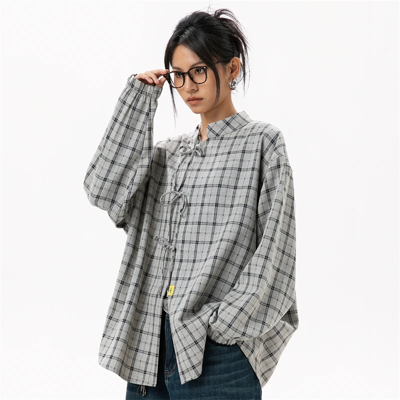 Stylish Women\'s Blouse Women Gray Plaid Shirts Korean Style Women\'s Clothing Long Sleeve Female Elegant Blouses for Lady Clothes