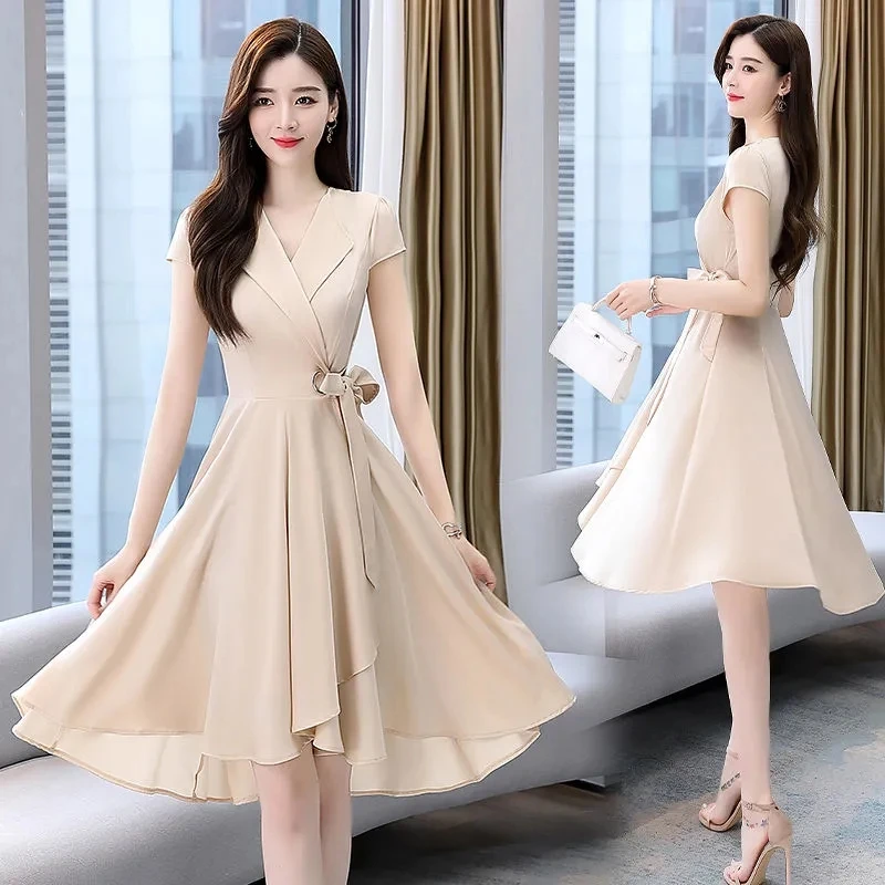 Elegant V-neck A-line Midi Dress Women Summer Korean Fashion Elbise Bandage Short Sleeve Dresses Plus Size 4xl Vestidos De Mujer