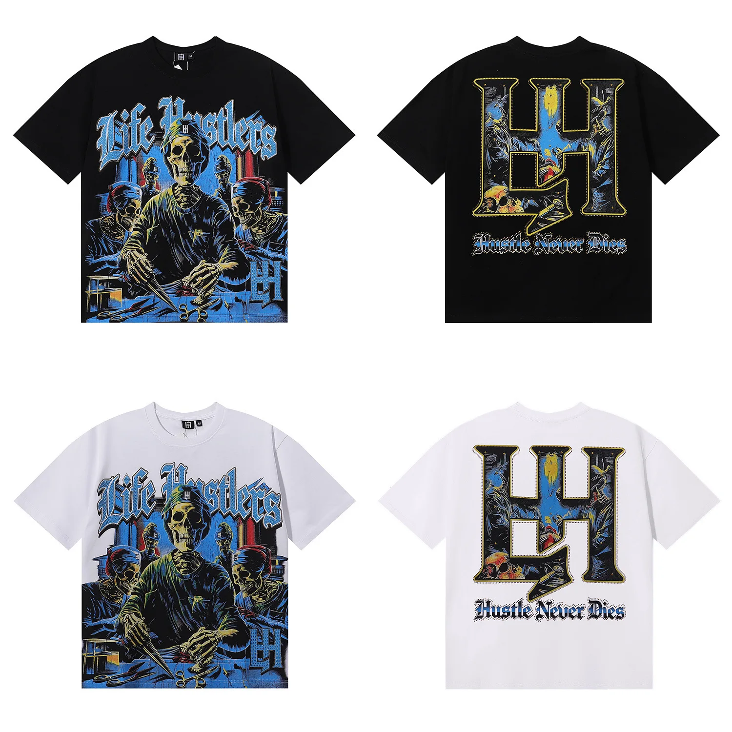Life Hustlers Skull Doctor Street Fashion Men's and Women's Short-Sleeved T-Shirt with Stamped Diamonds Trend