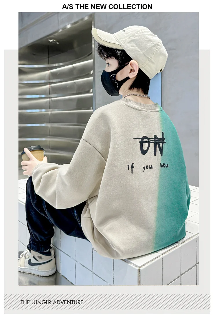 Kinder Jungen Frühlingskleidung Sweatshirt mit Farbverlauf Neuer Buchstabendruck Streetwear Langarm T-Shirt Retro-Design Pullover Oberteil – Detail 3