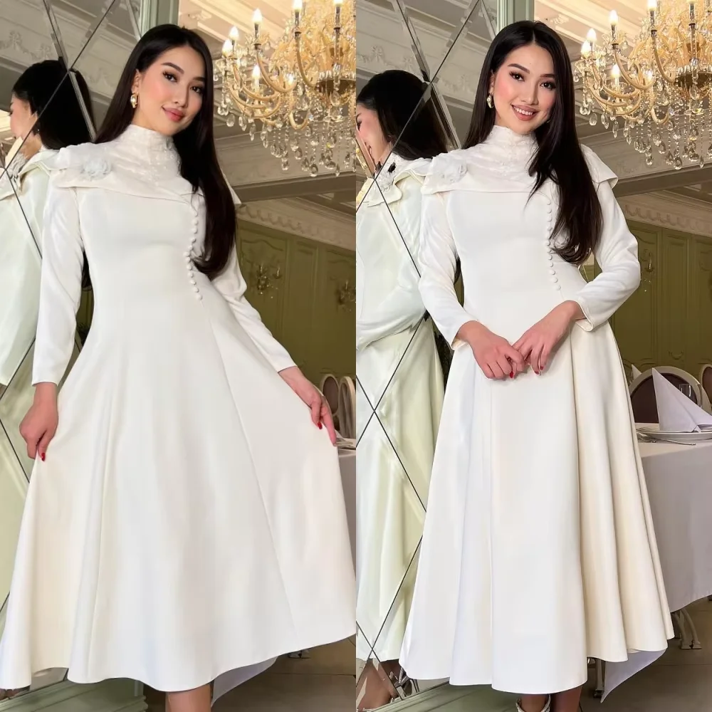 

Customized White A-Line Prom Dresses Tea-Length High-Neck Full Sleeve Evening Dresses Fashion Crystal Button Flowers Draped