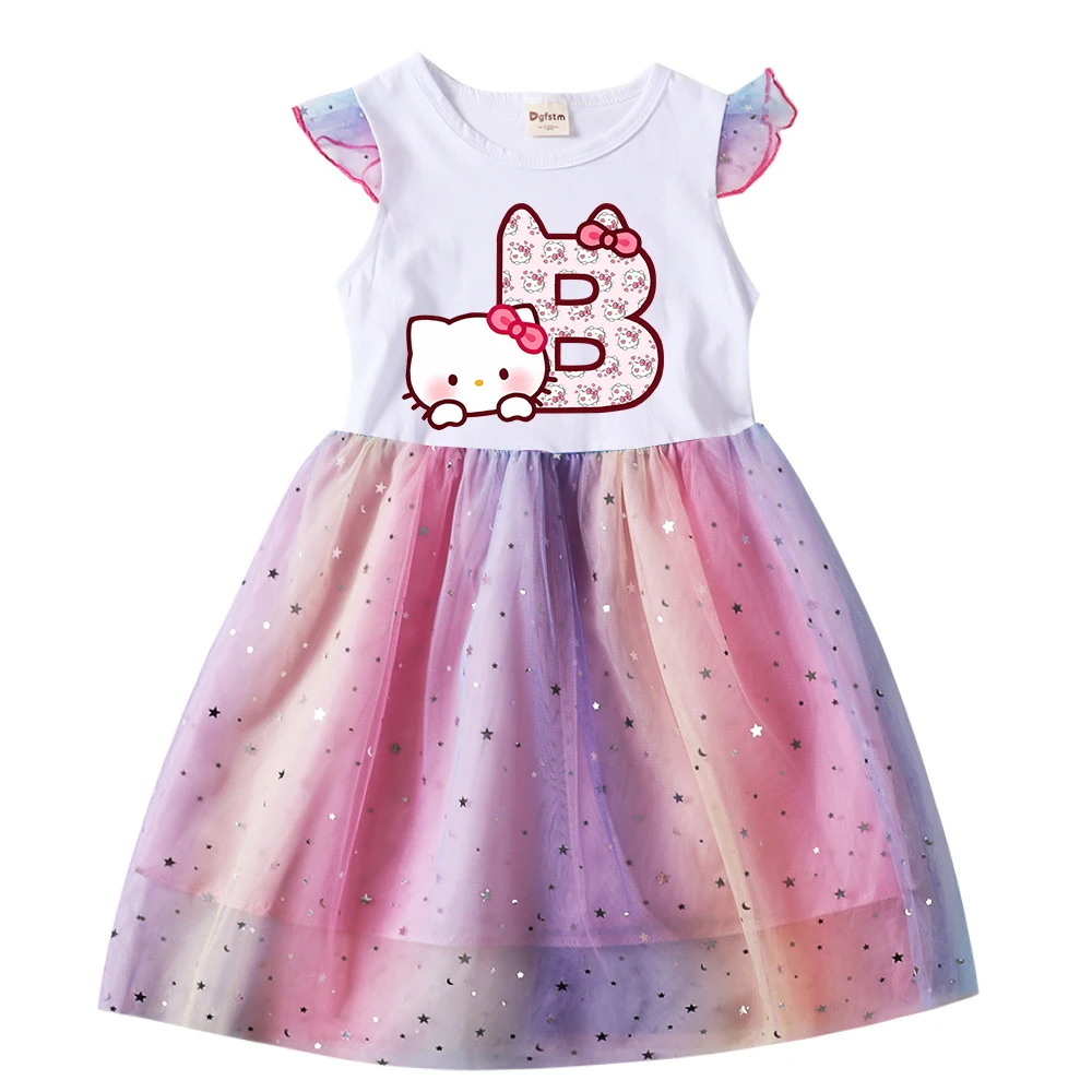 New Girl Dress HelloKittys Letter A-Z Children Dresses Princess Cartoons Print Casual Clothes Girls Gauze Flying Sleeve Kid Baby