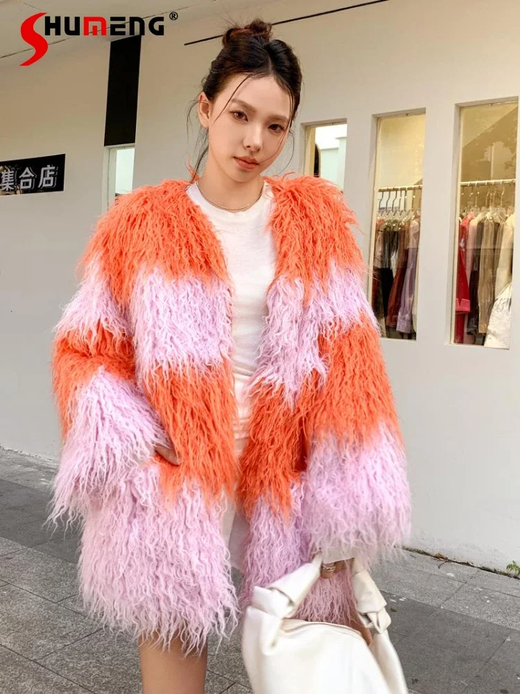 

Women's 2024 Autumn Winter New Long-sleeve Fashion Tops Faux Fur Top Jackets Plush Loose V-neck Contrast Color Zipper Fur Coats