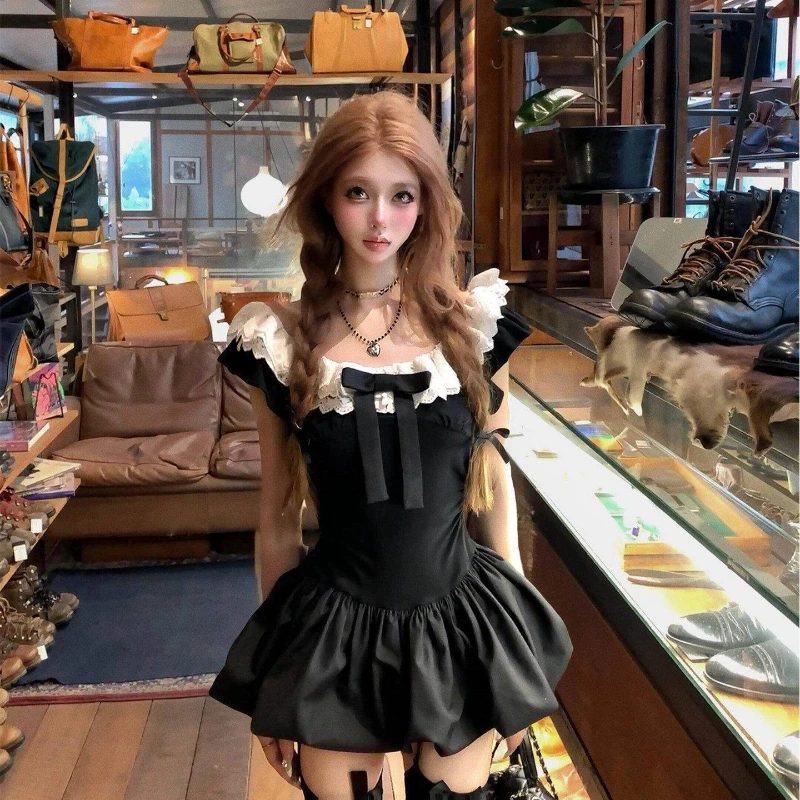 Korean Sweet Short Sleeve Dress Gentle Bow Patchwork Lace Women Elegant Y2k Vintage Solid Mini Dress Bodycon Ruffle Chic 2026