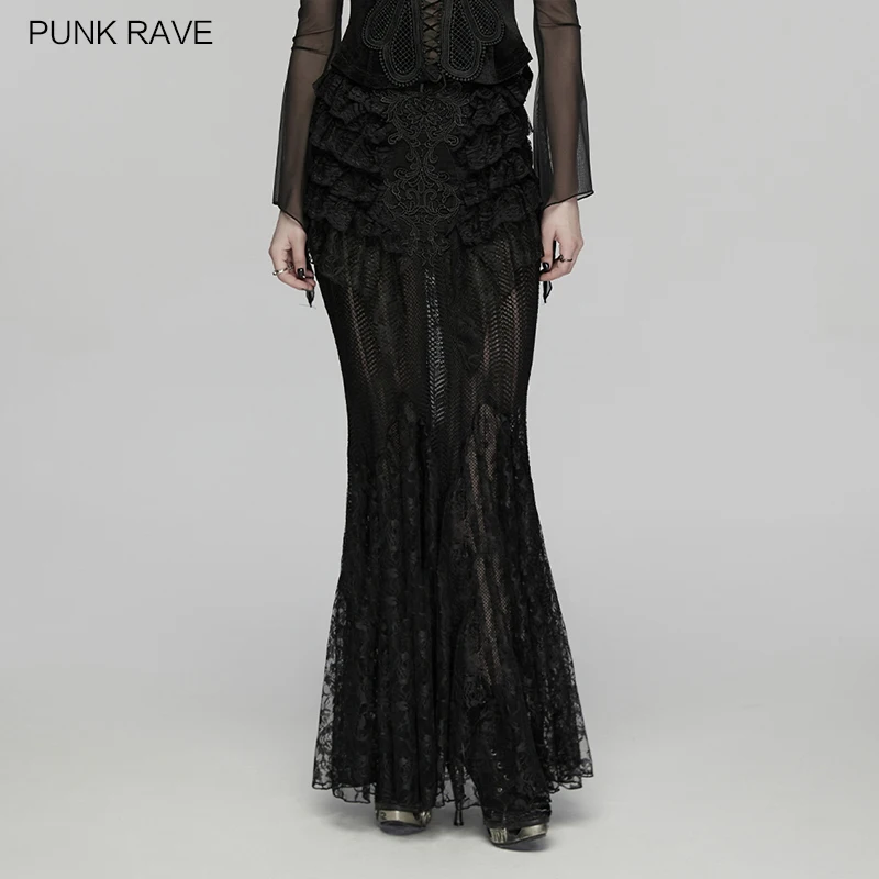 

PUNK RAVE Women's Gothic Symmetrical Rose Pleats Lace Skirt Visual Layers Romantic Dark Aura Club Long Skirts