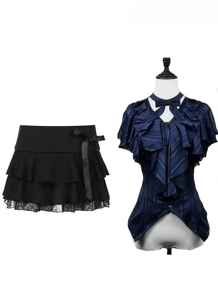 

Japanese Gothic Dark Style Striped Short Sleeve Shirt V-neck Tops Ruffled Hem Slim Fit Short Skirt Sweet Girls Versatile Set
