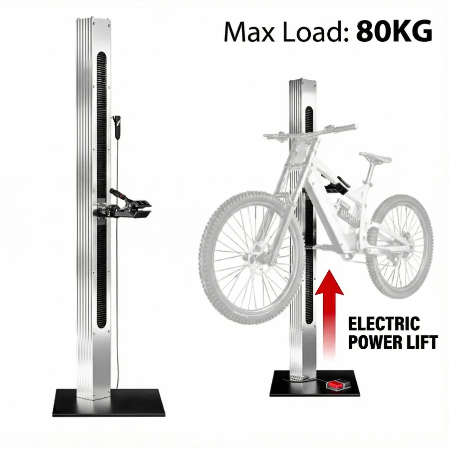 80kg Heavy Duty Electric Bike Repair Stand Servo Motor Worm Gear System Adjustable Height 70-185cm Floor Standing E-MTB Workshop