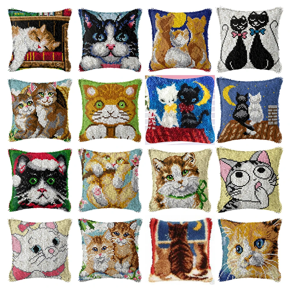 Cat DIY Latch Hook Cushion Kit Yarn Carpet Embroidery Set Cushion Front Cross Stitch Pillowcase Animal Rug Knot Pillow Package