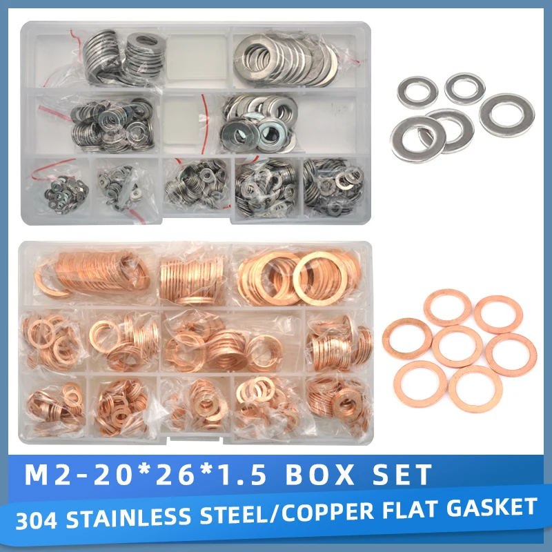 M5 M6 M8 M10 M12 M14 M16 M20 Copper Washer Assortment Set Metric Sealing Washers Kit 304 Stainless Steel Flat Spacer Gasket Ring