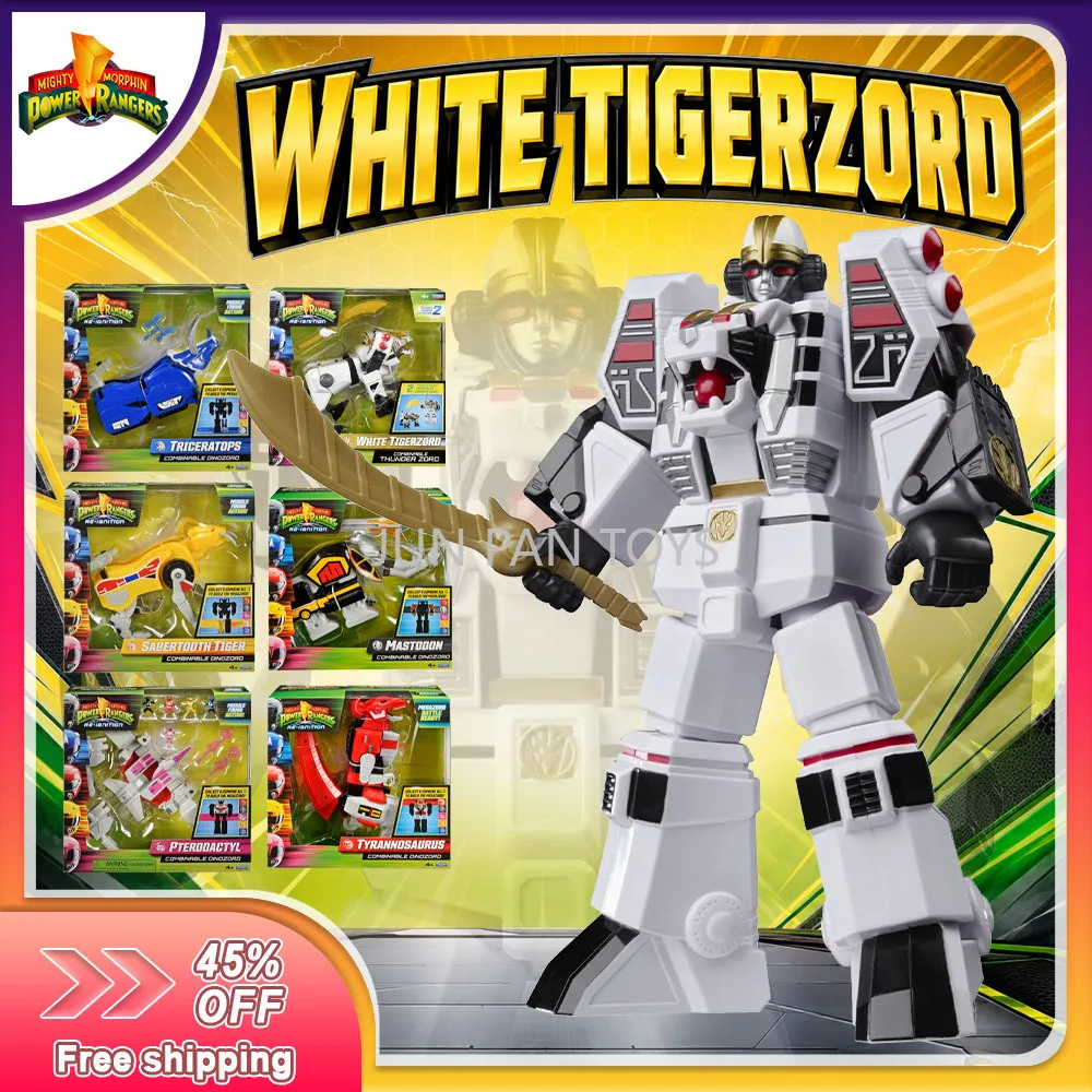 Original Mighty Morphin Power Rangers Re-Ignition Kombinierbare weiße Tigerzord Dino Triceratops Sammelfigur Kindergeschenkspielzeug
