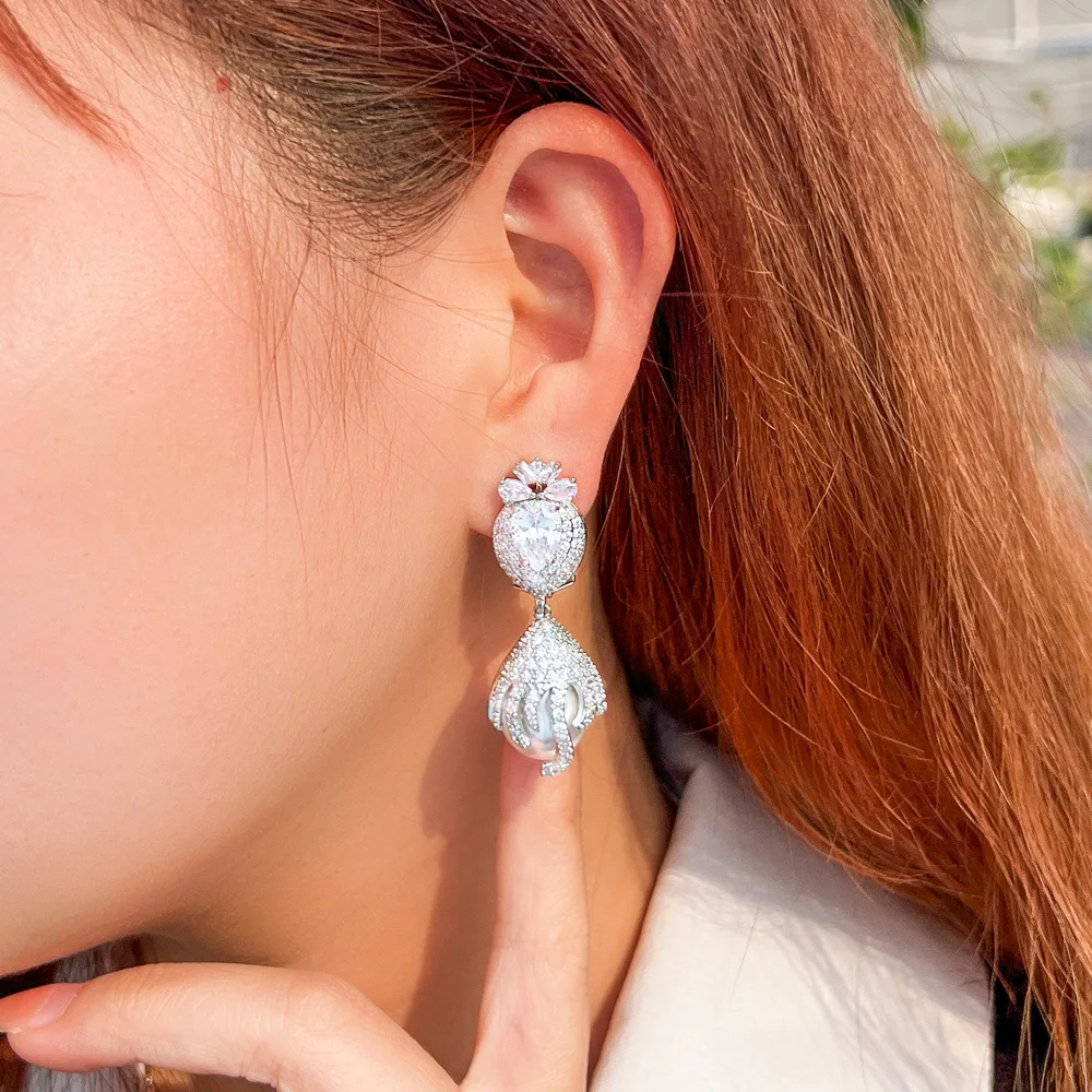 CWWZircons Glänzende CZ-Hängeohrringe, luxuriöse lange Perlen-Charm-Ohrringe für Damen, Hochzeits-Brautschmuck, Accessoire, Großhandel E0955 – Detail 1