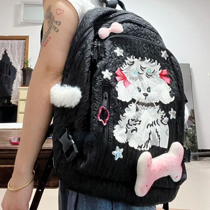 Xiuya Kawaii Dog Print Womens Backpack Bow Tie Y2k Spice Girls Designer Bag Black Casual College Style High Capacity Backpack