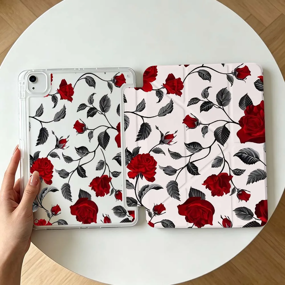 Red Rose Black Leaves Soft For Apple iPad Air A16 4 12th 11th 10th 7th 11 12.9 13 10.5 inch Gen 3Y Tablet Case