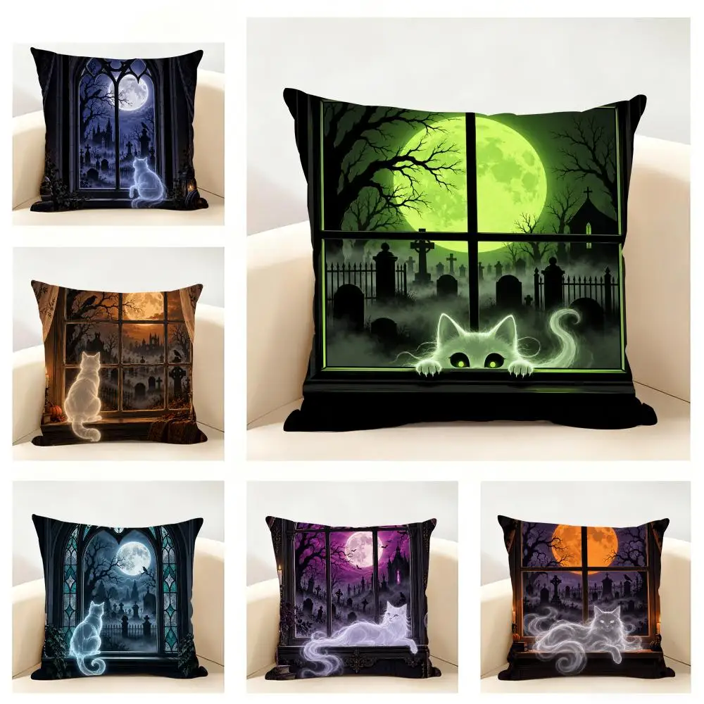 H-Halloween Ghost Window View Cushion Cover Linen Minimalist Soft  for Sofa Bed Home Room Decor