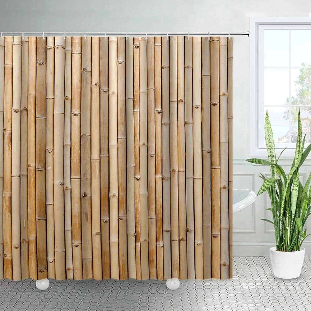 Bamboo Printed Shower Curtains Set Zen Japanese Spring Nature Tan Home Decor Asian Fabric Chic Bathroom Bath Curtain with Hooks