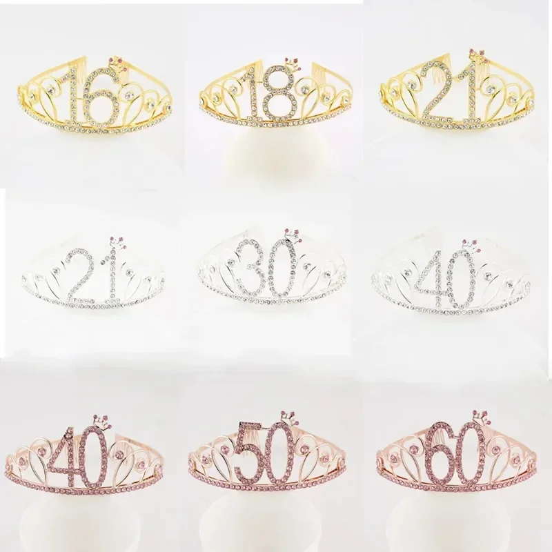 Birthday Princess Tiara Crown Headband Bridal Hair Band Headdress Wedding for Women Anniversary Party Decorations 30th 40th 50th