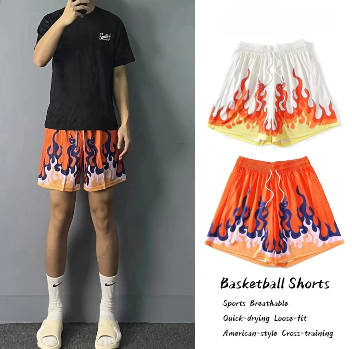 Flame Pattern Sports Shorts Summer Casual Loose Breathable Quick Drying Basketball Shorts Fitness Trend Summer Beach Shorts Moto