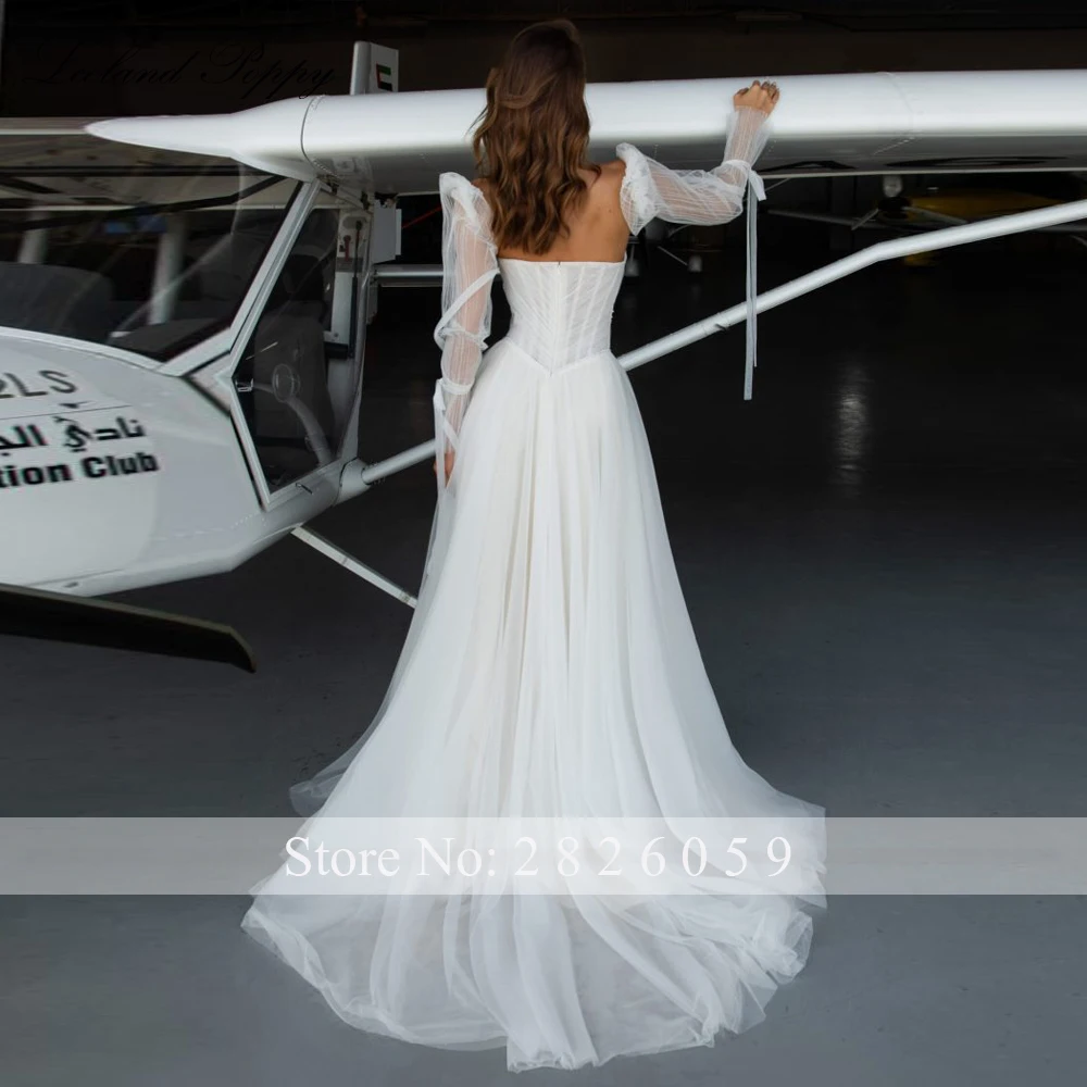 Lceland Poppy Customized A Line Strapless Tulle Wedding Dresses Beaded Bridal Gowns with High Slit